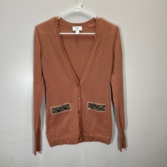 Ann Taylor LOFT Women’s Peach Pink Wool Blend Sequin Button Front Cardigan - Picture 4 of 14